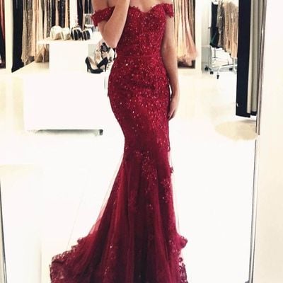 Sp1919,off-the-shoulder mermaid tulle beaded burgundy prom evening dress - Thumbnail 3