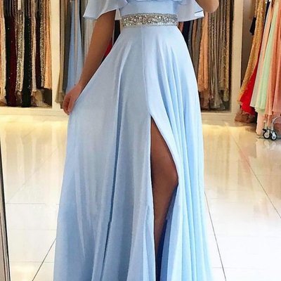 Sky blue off the shoulder evening dresses sexy | chiffon side slit cheap prom dress with crystals belt,608 - Thumbnail 5