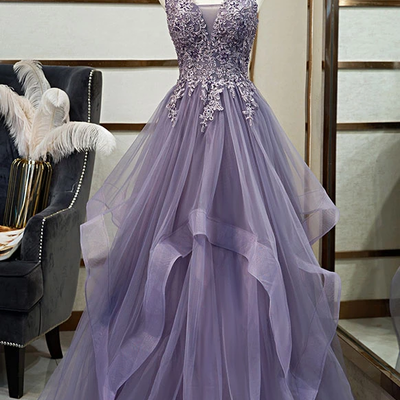 Elegant a line spaghetti straps purple long prom/evening dresses with appliques,609 - Thumbnail 4
