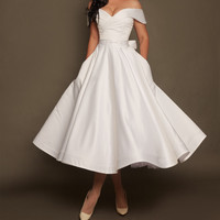 Short Wedding Dress Off Shoulder,Tea Length Wedding Dress Plus Size,613 - Thumbnail 2