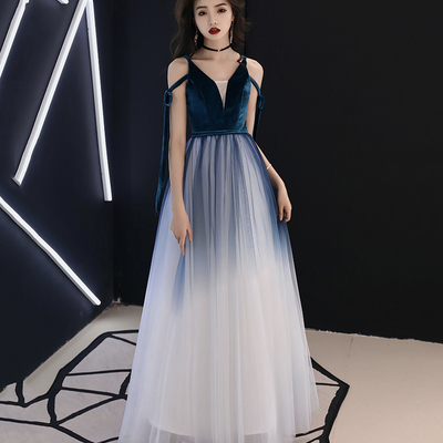 Blue velvet tulle long prom dress evening dress - Thumbnail 1