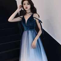 Blue velvet tulle long prom dress evening dress - Thumbnail 1