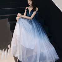 Blue velvet tulle long prom dress evening dress - Thumbnail 2