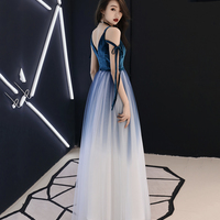 Blue velvet tulle long prom dress evening dress - Thumbnail 3