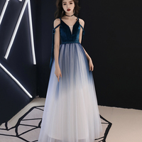 Blue velvet tulle long prom dress evening dress - Thumbnail 4