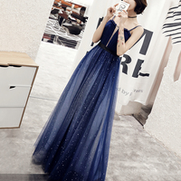 Blue tulle long A line prom dress blue evening dress - Thumbnail 1