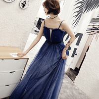 Blue tulle long A line prom dress blue evening dress - Thumbnail 2
