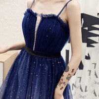 Blue tulle long A line prom dress blue evening dress - Thumbnail 3