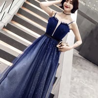 Blue tulle long A line prom dress blue evening dress - Thumbnail 4