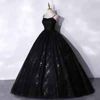 Black tulle long prom dress black evening gown - Thumbnail 1