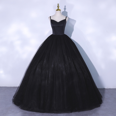 Black v neck tulle long ball gown dress formal dress - Thumbnail 3