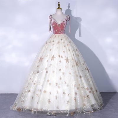 Cute v neck tulle long ball gown dress with stars - Thumbnail 4