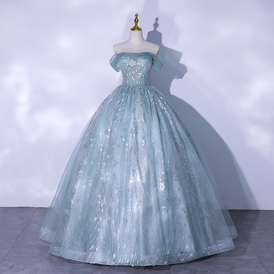 Blue tulle sequins long prom dress evening gown - Thumbnail 4