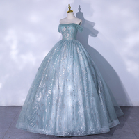 Blue tulle sequins long prom dress evening gown - Thumbnail 2