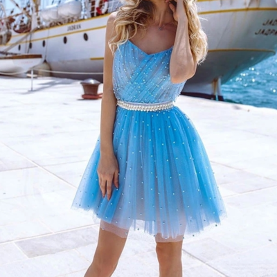 Marvelous a-line strapless sky blue tulle short homecoming dresses with pearls,611 - Thumbnail 2