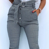 Casual Plaid Button Tight Pants - Thumbnail 1