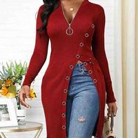 Solid Color V-Neck Long-Sleeved Split T-Shirt - Thumbnail 2