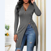 Solid Color V-Neck Long-Sleeved Split T-Shirt - Thumbnail 1