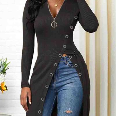 Solid color v-neck long-sleeved split t-shirt