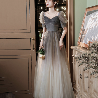 Cute tulle beads long a line prom dress evening gown - Thumbnail 2