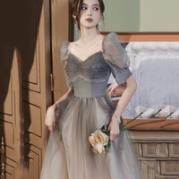 Cute tulle beads long A line prom dress evening gown - Thumbnail 4