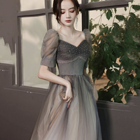 Cute tulle beads long A line prom dress evening gown - Thumbnail 5