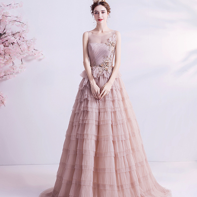 Pink tulle lace long prom dress a line evening gown - Thumbnail 3
