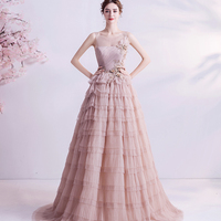 Pink tulle lace long prom dress A line evening gown - Thumbnail 1