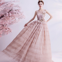 Pink tulle lace long prom dress A line evening gown - Thumbnail 2