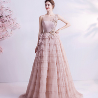 Pink tulle lace long prom dress A line evening gown - Thumbnail 6