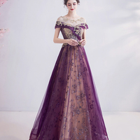 Purple tulle sequins long prom dress A line evening gown - Thumbnail 1