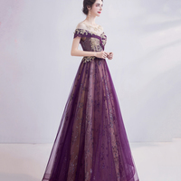 Purple tulle sequins long prom dress A line evening gown - Thumbnail 2
