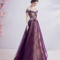 Purple tulle sequins long prom dress A line evening gown - Thumbnail 3