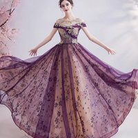 Purple tulle sequins long prom dress A line evening gown - Thumbnail 4