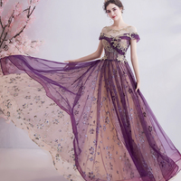 Purple tulle sequins long prom dress A line evening gown - Thumbnail 5
