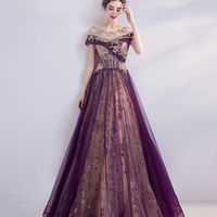 Purple tulle sequins long prom dress A line evening gown - Thumbnail 7