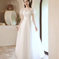 White tulle lace long prom dress A line evening gown - Thumbnail 2