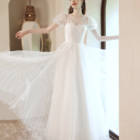 White tulle lace long prom dress A line evening gown - Thumbnail 4