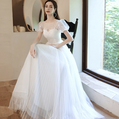 White tulle lace long prom dress a line evening gown - Thumbnail 2