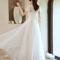 White tulle lace long prom dress A line evening gown - Thumbnail 6