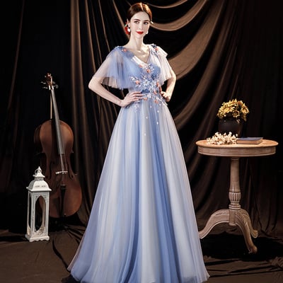 Blue tulle lace long prom dress a line evening gown - Thumbnail 3