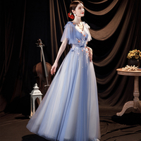 Blue tulle lace long prom dress A line evening gown - Thumbnail 1