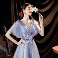 Blue tulle lace long prom dress A line evening gown - Thumbnail 3