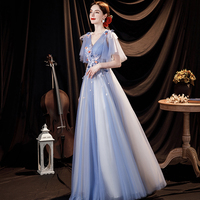 Blue tulle lace long prom dress A line evening gown - Thumbnail 4