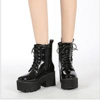 Ankle Boots Women Patent Leather Lace-Up Round - Thumbnail 1