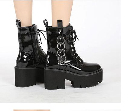 Ankle Boots Women Patent Leather Lace-Up Round