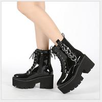 Ankle Boots Women Patent Leather Lace-Up Round - Thumbnail 3