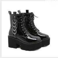 Ankle Boots Women Patent Leather Lace-Up Round - Thumbnail 4