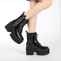 Ankle Boots Women Patent Leather Lace-Up Round - Thumbnail 8