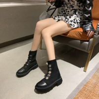 Fashion Lace up High Heels Mid Calf Black Round - Thumbnail 4